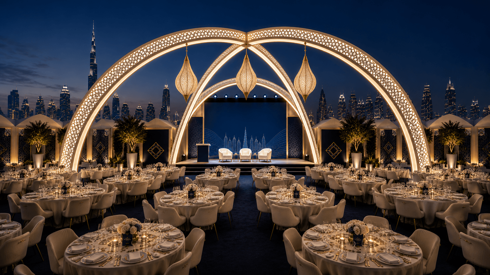 Formal gala event environment with illuminated architectural arches, regional geometry and ceremonial stage design.