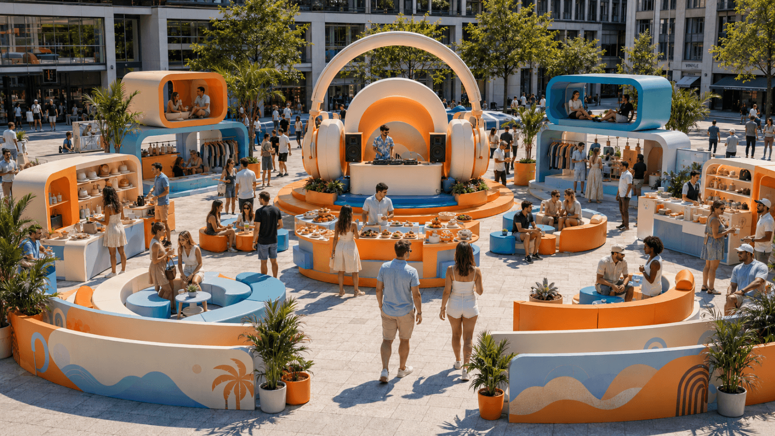 Summer public activation combining music, food, retail, lounge seating and social gathering into one temporary experience.